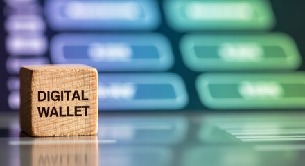 A wooden block with DIGITAL WALLET inscription, symbolizes modern finance. Reflective surface hints at mirroring digital space and technology.