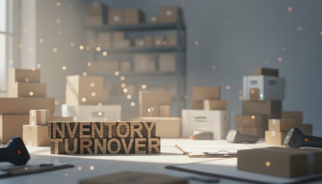 Boxes stacked, Inventory Turnover prominently displayed. The image focuses on warehouse organization, barcode scanning, and operational efficiency improvements. - Powered by Adobe