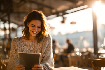 Candid lifestyle photograph of a young woman working comfortably on her generic tablet at a bright, sunlit cafe table. She is smiling gently.