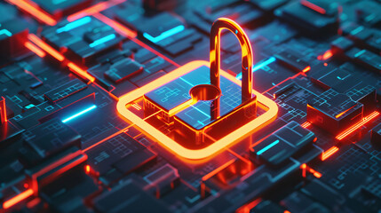 Abstract 3D render illustration of a glowing lock icon enclosed by interlocking geometric rings on a dark background, representing digital security and protected data.