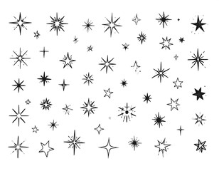 Collection of hand-drawn stars of varying sizes and styles, set against white