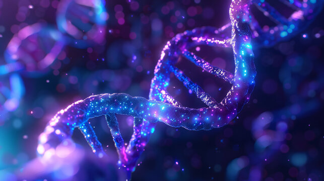 Abstract 3D illustration of glowing blue and purple helix strands (DNA) gently merging with stylized human skin cells, symbolizing anti-aging and cell repair.