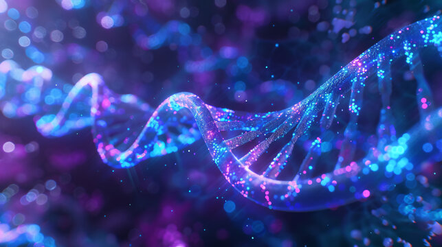 Abstract 3D illustration of glowing blue and purple helix strands (DNA) gently merging with stylized human skin cells, symbolizing anti-aging and cell repair.