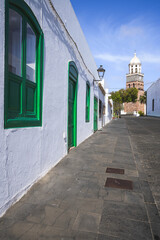 Historic street and church tower, Teguise, Lanzarote, Canary Islands, Spain