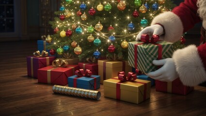 Santa's hands leaving presents under the Christmas tree