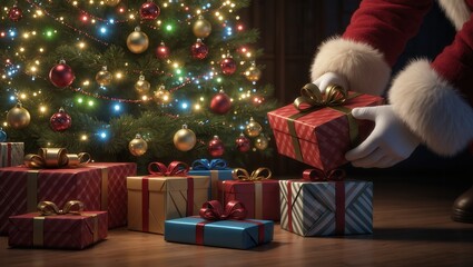 Santa's hands leaving presents under the Christmas tree