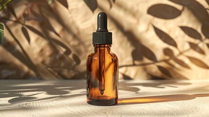 Amber glass bottle with dropper against a background with leaf shadows casting a natural aesthetic