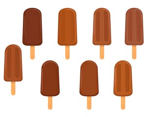 Collection of eight cartoon chocolate ice pops arranged on a white background