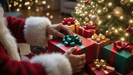 Santa's hands leaving presents under the Christmas tree