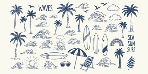Collection of hand drawn tropical beach elements including palm trees waves surfboards umbrellas and sun for summer vacation design