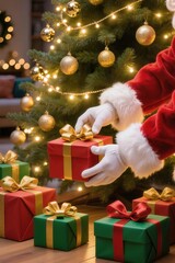 Santa's hands leaving presents under the Christmas tree