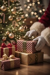 Santa's hands leaving presents under the Christmas tree