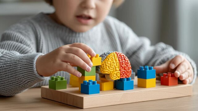 Child brain model learning and development activity with colorful plastic blocks, promoting creativity, cognitive skills, problem solving