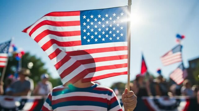American flag waves boldly in patriotic celebration with shimmering sunlight