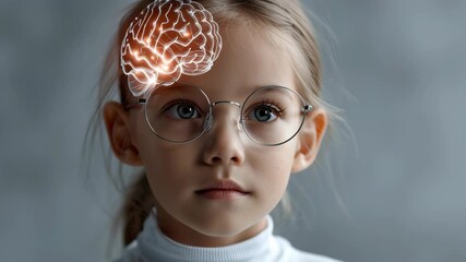 Young girl with glasses and ponytail, digital brain hologram overlay, child focused on learning, intelligence, education, and future curiosity - Powered by Adobe