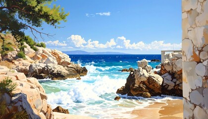Coastal scene. Clear skies, blue ocean, rocky shore. Pine trees frame the vista, waves crash on the beach, creating a serene mood