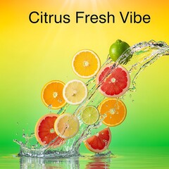 Citrus fresh vibe with splashing water and colorful fruits, summer concept