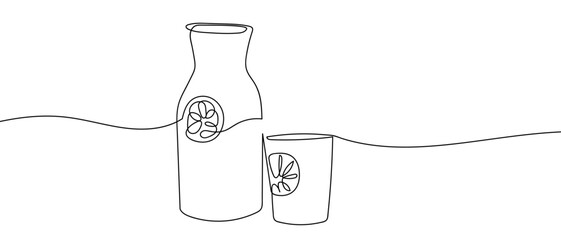 Pitcher and glass of lemonade in one continuous line. Dynamic single line draw design vector illustration Editable stroke.
