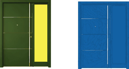 described features two doors that share a similar architectural design but differ in color and style