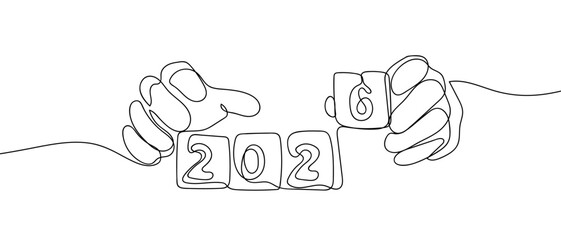 Hands are forming the numbers 2026 in one continuous line. Dynamic single line draw design vector illustration Editable stroke.