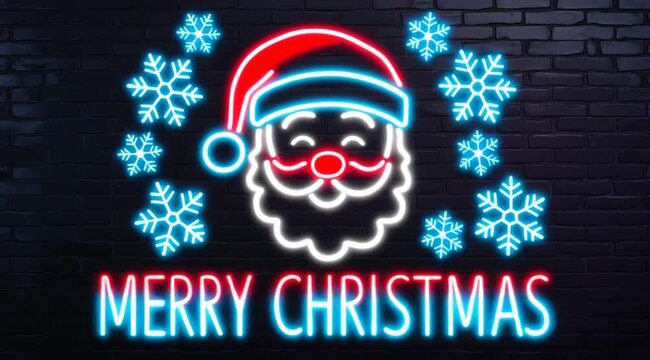 Merry Christmas neon sign with Santa Claus and snowflakes, festive holiday decoration, and a