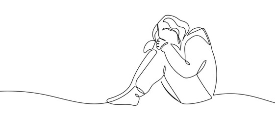 A sad teenage girl sits in one continuous line. Dynamic single line draw design vector illustration Editable stroke.