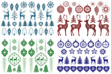 Fototapeta premium Festive christmas ornaments and trees in blue green and red arranged in a grid pattern design element
