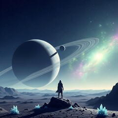 A lone figure stands on an alien planet gazing at a giant ringed planet