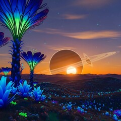 A beautiful alien planet with glowing plants and a ringed planet rising