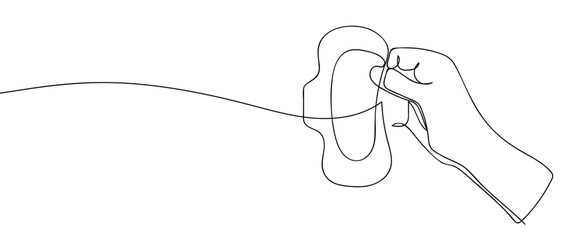 Hand holding a sanitary napkin in one continuous line Dynamic single line draw design vector illustration Editable stroke.