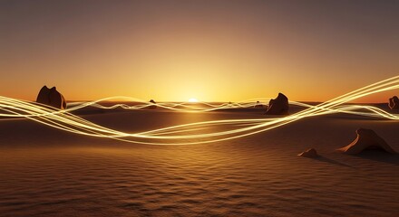 Abstract desert landscape with glowing light trails at sunset