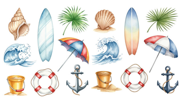Watercolor collection of summer and beach elements including seashells, surfboards, waves, umbrellas, sand buckets, lifebuoys, and anchors on a transparent background.