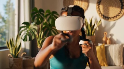 Woman Wearing a Virtual Reality Headset Uses Hand Controllers at Home - Powered by Adobe