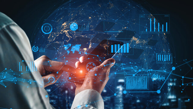 A business professional engages with a smartphone to review and analyze vital data trends displayed on a futuristic digital interface, set against a vibrant cityscape. Xenic