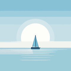 Minimalist sailboat illustration on calm ocean with large sun in soft blue tones