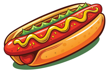 Cartoon hotdog is topped with mustard and relish inside a soft bun