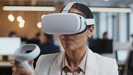 Woman in Office Uses Virtual Reality Headset During the Day - Powered by Adobe