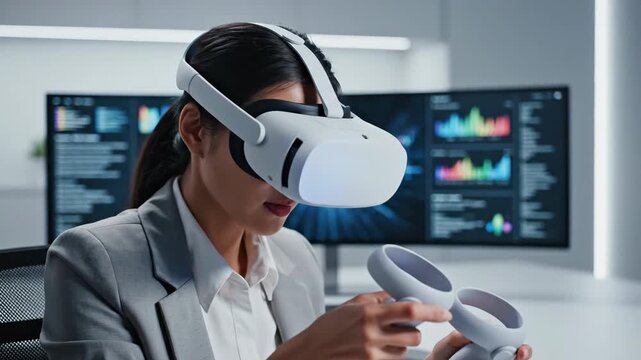 Engineer Uses Virtual Reality Headset in Modern Office During the Day