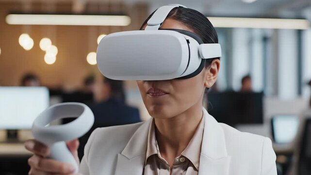 Woman in Office Uses Virtual Reality Headset During the Day - Powered by Adobe