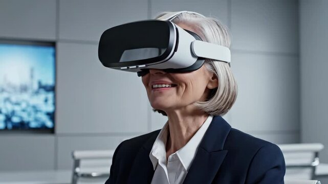Mature Woman Experiences Virtual Reality in Modern Office