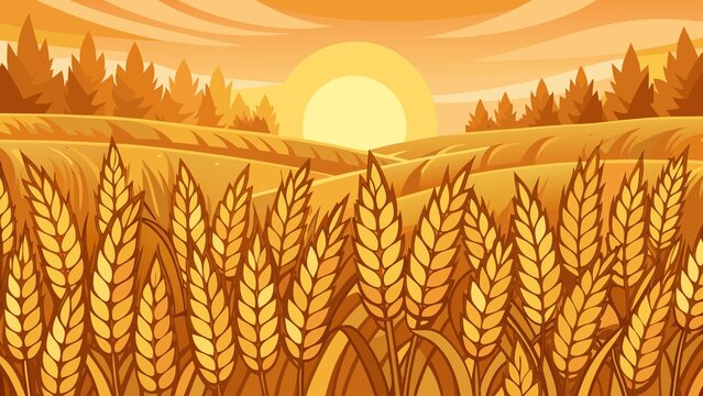 Golden wheat field at sunrise with rolling hills and trees