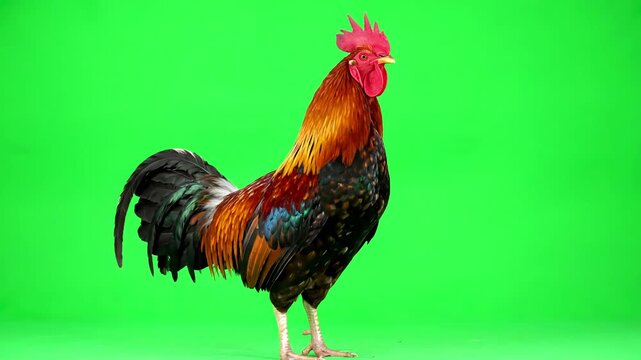 Visual Effects & Compositing with singing rooster on green screen distortion, overlay, glitch, static noise, scan lines black background, 4k animated video loop
