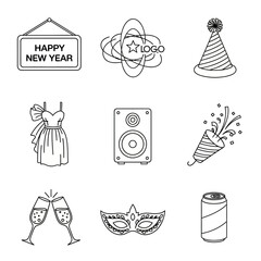 New Year Party and Celebration Line Icon Set
