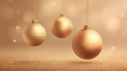 Elegant golden Christmas ornaments hanging with a blurred background