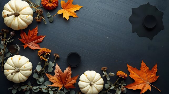 Stylish Halloween-themed flat lay with white and orange pumpkins, eucalyptus leaves, dried flowers, autumn leaves, and minimal black paper cut shapes, arranged on a dark slate or wooden background