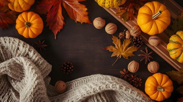 Warm autumn flat lay scene with mini pumpkins, maple leaves, knitted scarf texture, pinecones, star anise, and walnuts arranged on a dark wooden table, cozy seasonal vibe, top view, soft natural light