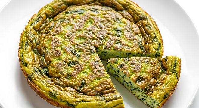Spinach and cheese frittata on a white plate, sliced