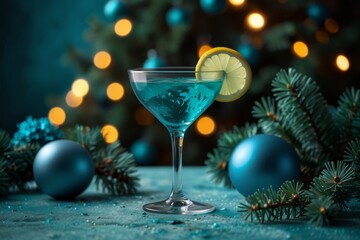 turquoise cocktail on a New Year's background