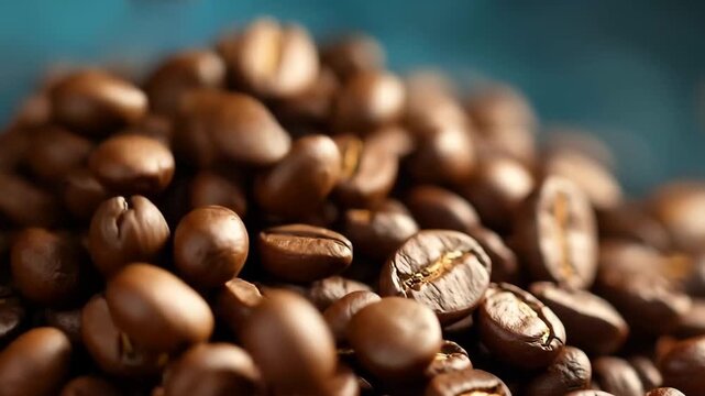 Dark roasted coffee beans are scattered across a textured blue surface, showcasing their shiny exterior and rich color under soft lighting, highlighting their quality and aroma.
