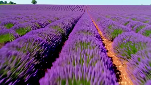 Vibrant lavender field landscape captured in full bloom with dynamic movement